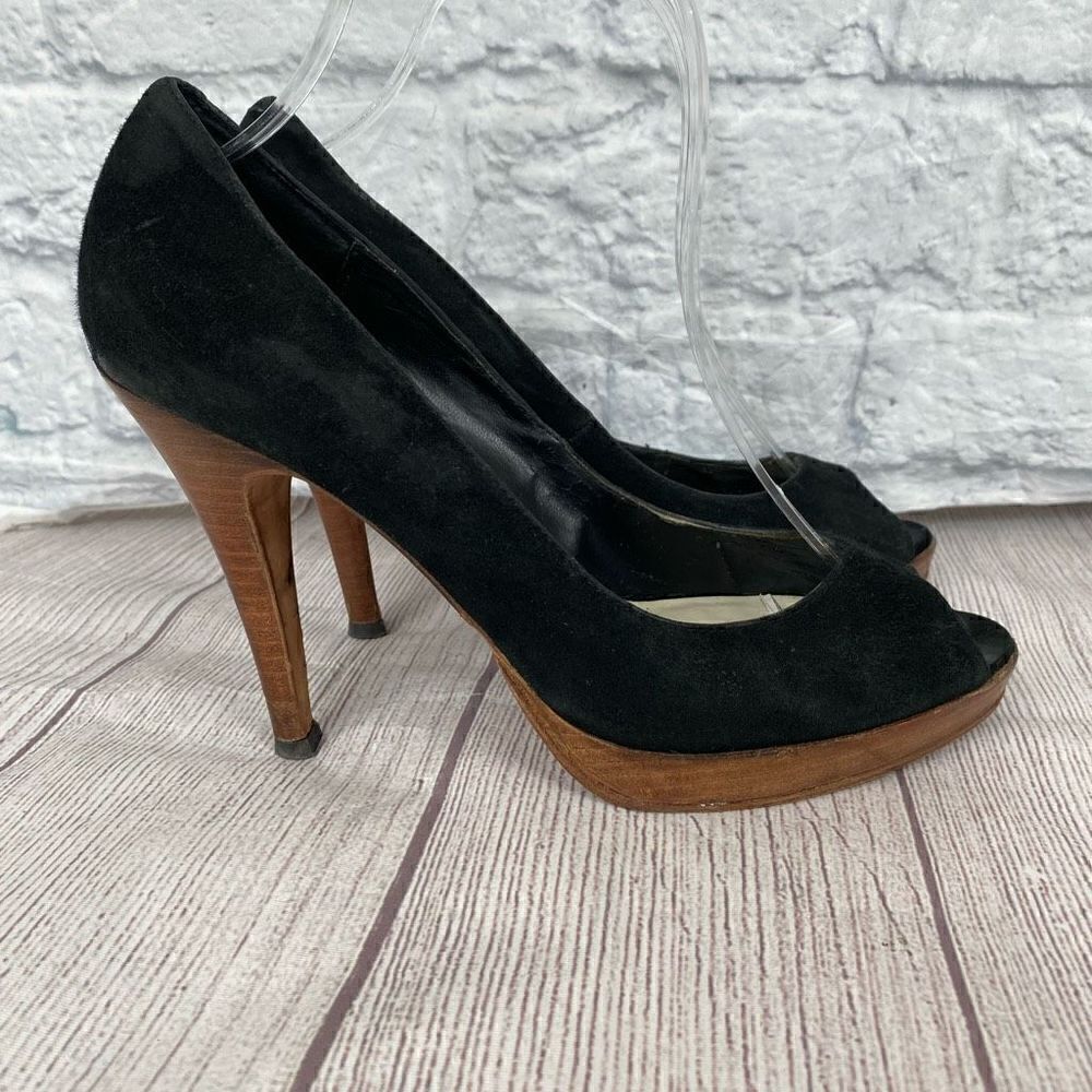 Steve Madden open toe leather heels black w/tan heels and soles sz 8